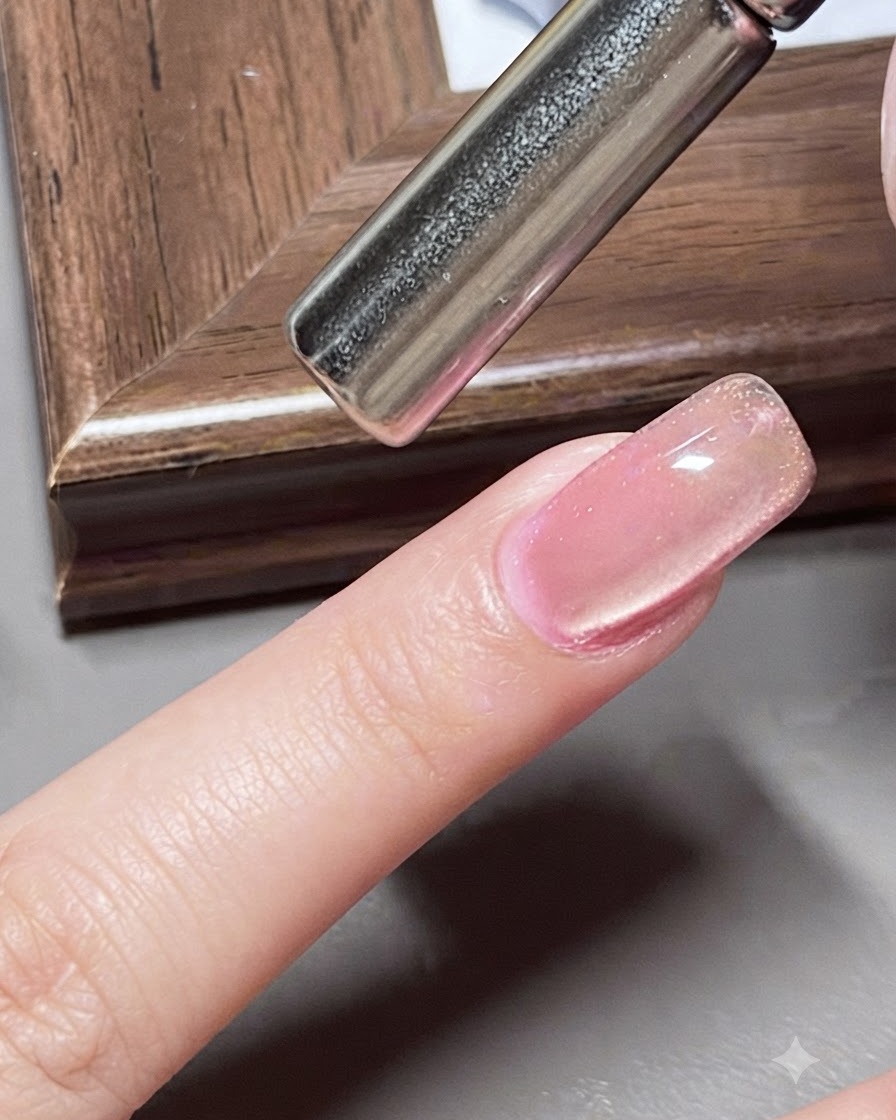 Ein Magnetwerkzeug ist über dem Nagel positioniert, um einen Breitlicht-Cat-Eye-Effekt zu erzeugen.