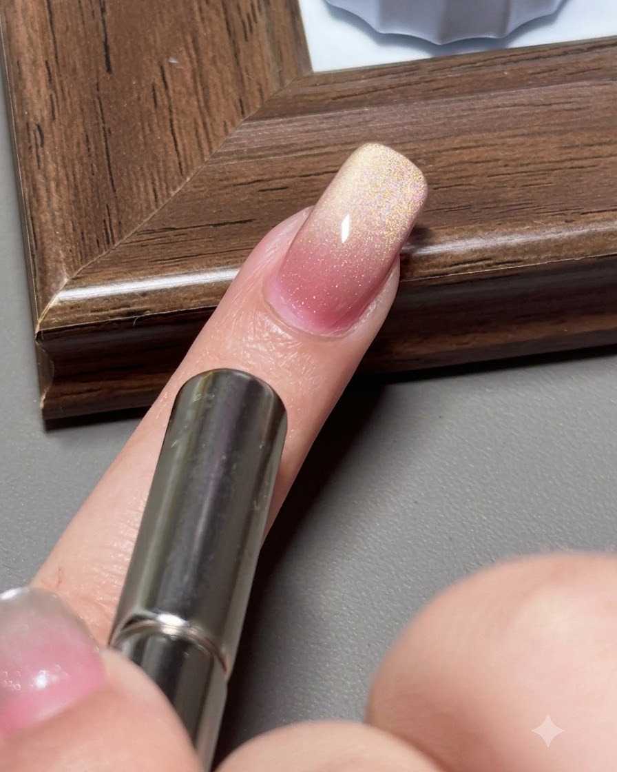 Ein Magnet drückt vom Nagelhautbereich zur Nagelspitze, um einen Farbverlauf zu bilden.