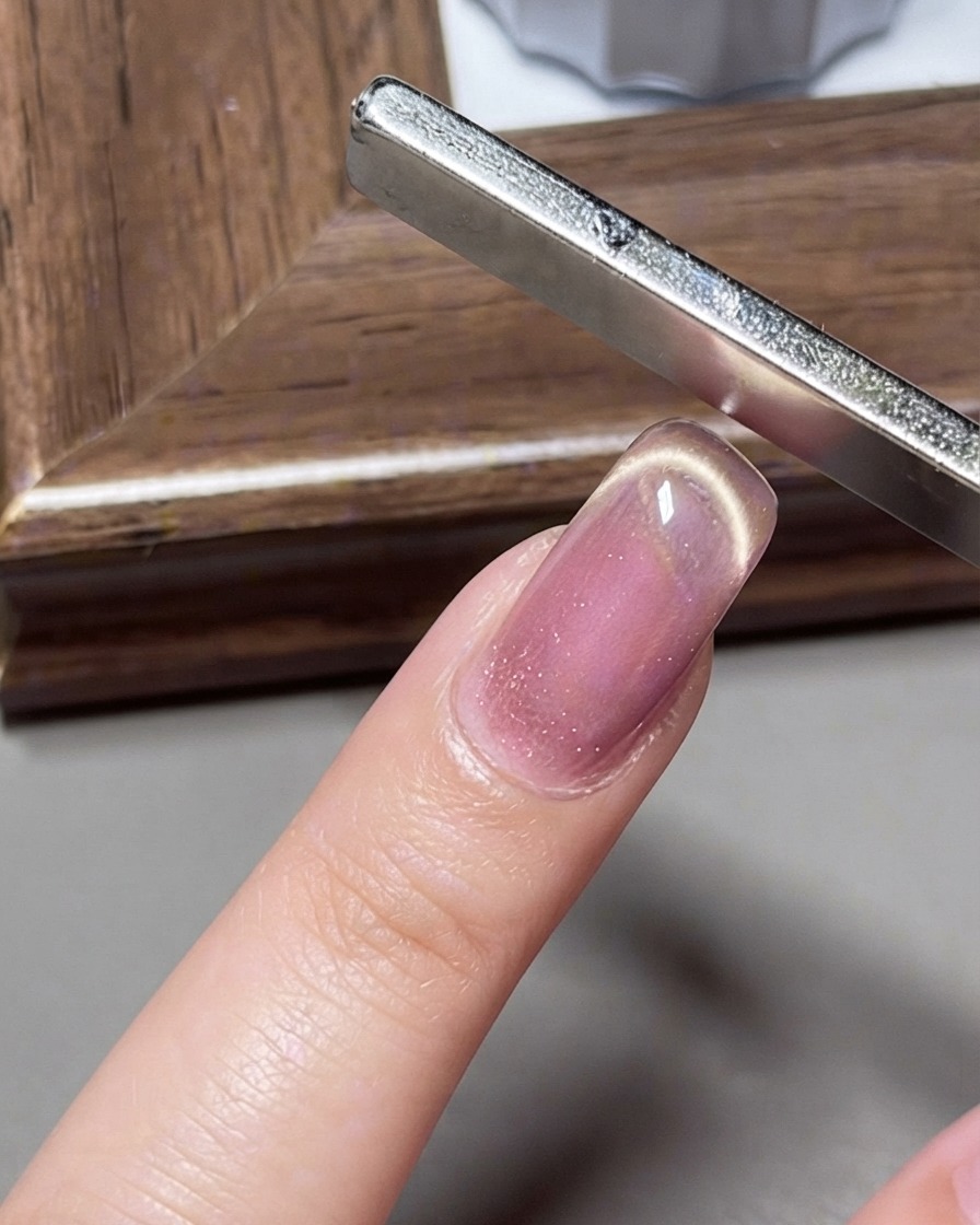 Ein breiter Magnet formt eine French-Smile-Line-Reflektion auf dem Cat-Eye-Gel-Nagel.