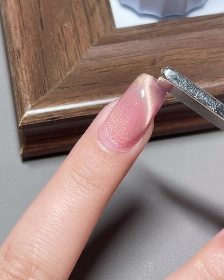 Ein breites Magnetwerkzeug wird aufrecht in die Nähe eines rosafarbenen Cat-Eye-Gel-Nagels gehalten, um eine helle Mittellinie zu bilden.