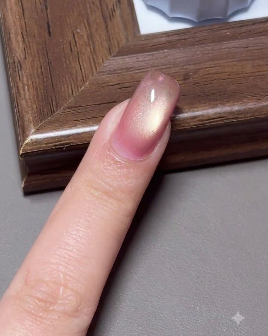 Ein Fingernagel mit einer dreidimensionalen Glaskugel-Cat-Eye-Lichtreflexion als Finish.