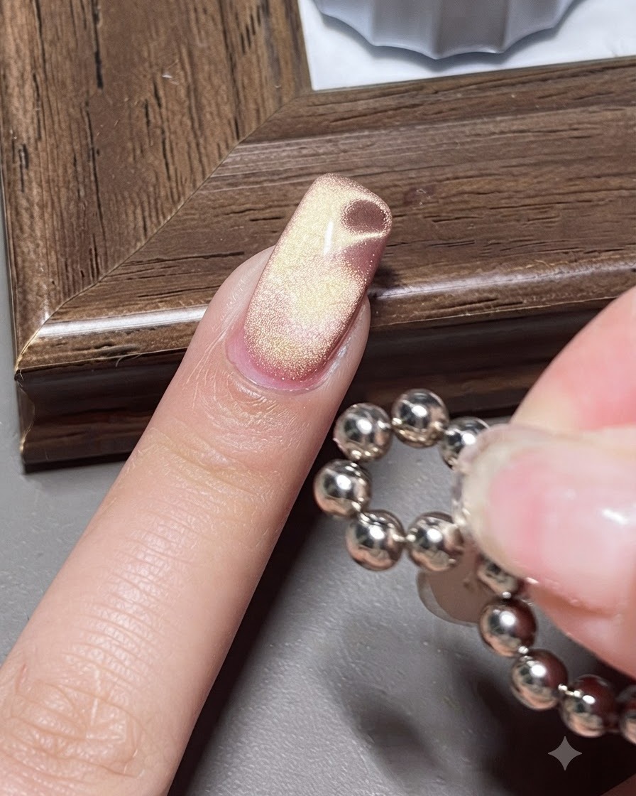 Ein kugelförmiger Perlenmagnet schwebt in der Nähe eines Cat-Eye-Gel-Nagels, um einen Wasserwellen-Effekt zu erzeugen.
