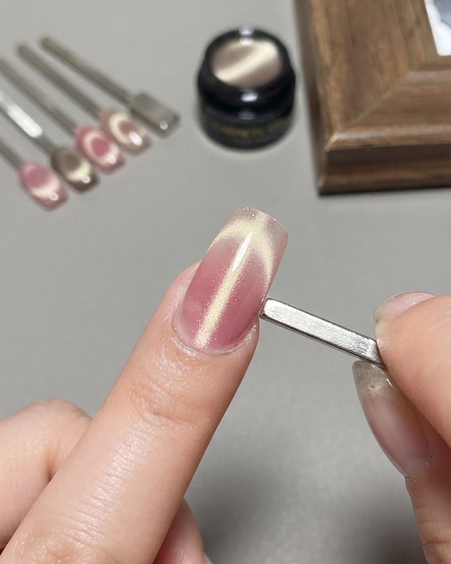 Ein breiter Magnet wird flach und aufrecht an die Seite eines Nagels gehalten und zeigt einen Lichtwellen-Cat-Eye-Effekt.