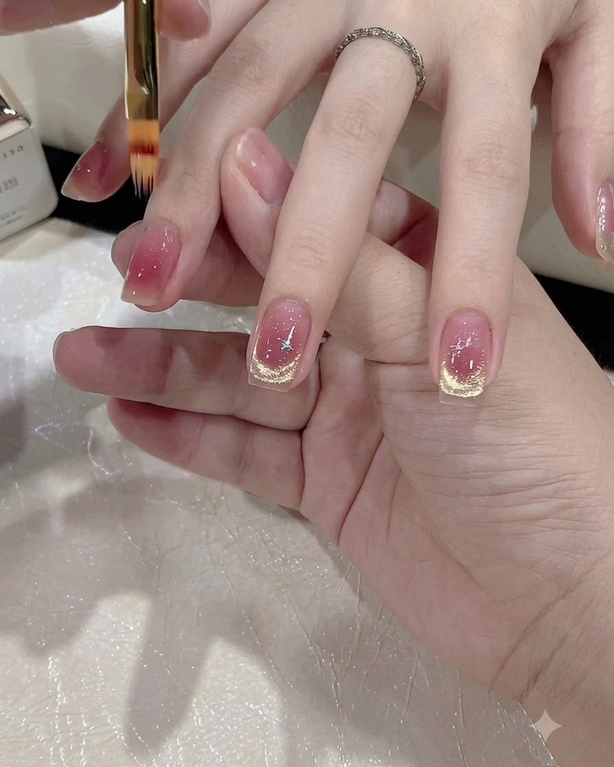 Un pennello di dettaglio fine rifinisce i bordi di un design per unghie sfumato in rosa.