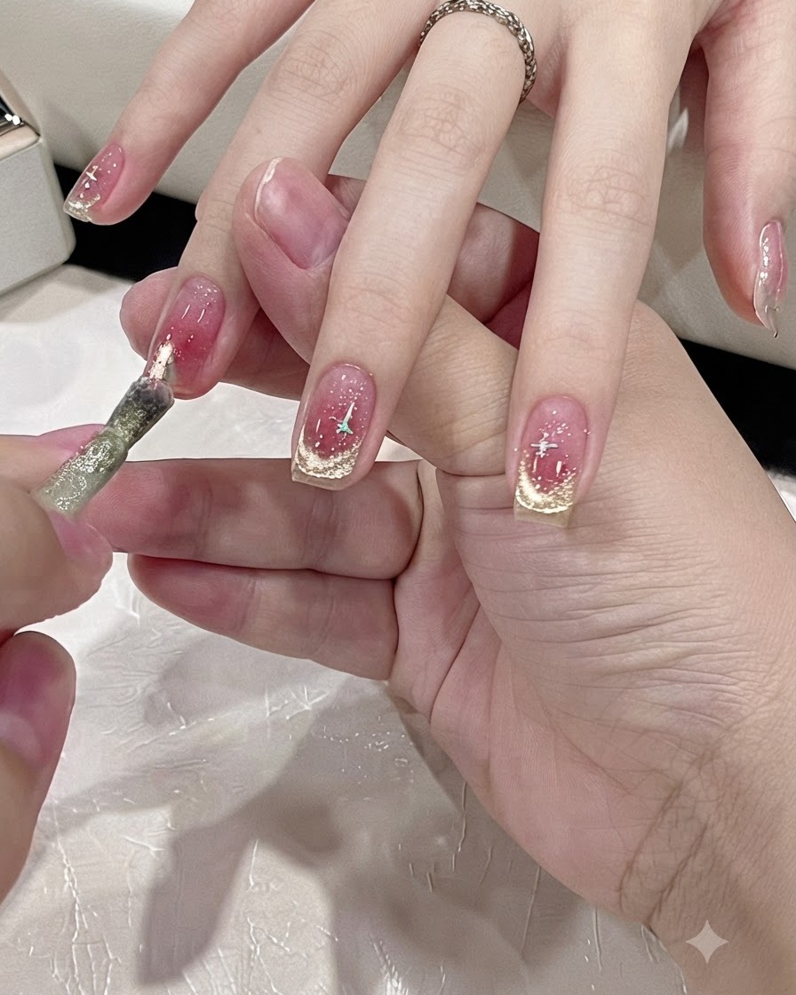 Un pennello applica lo smalto gel magnetico cat-eye oro scintillante per formare una punta French.