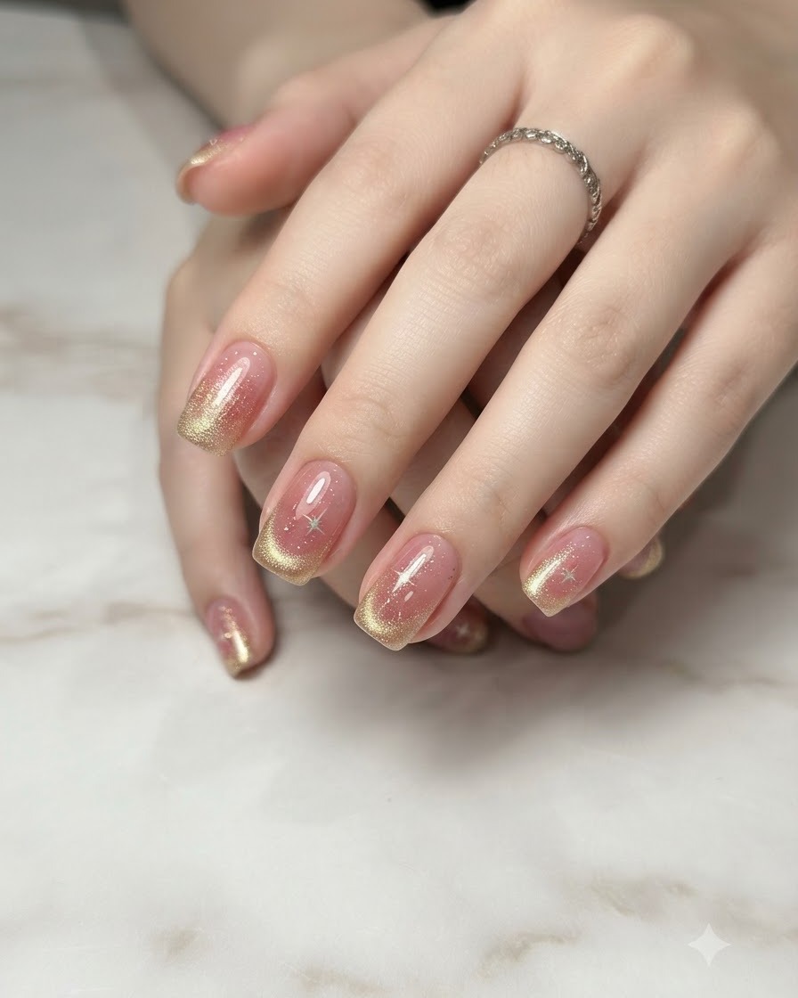 Primo piano di una mano che tiene una bacchetta magnetica sopra le punte in gel cat-eye oro.