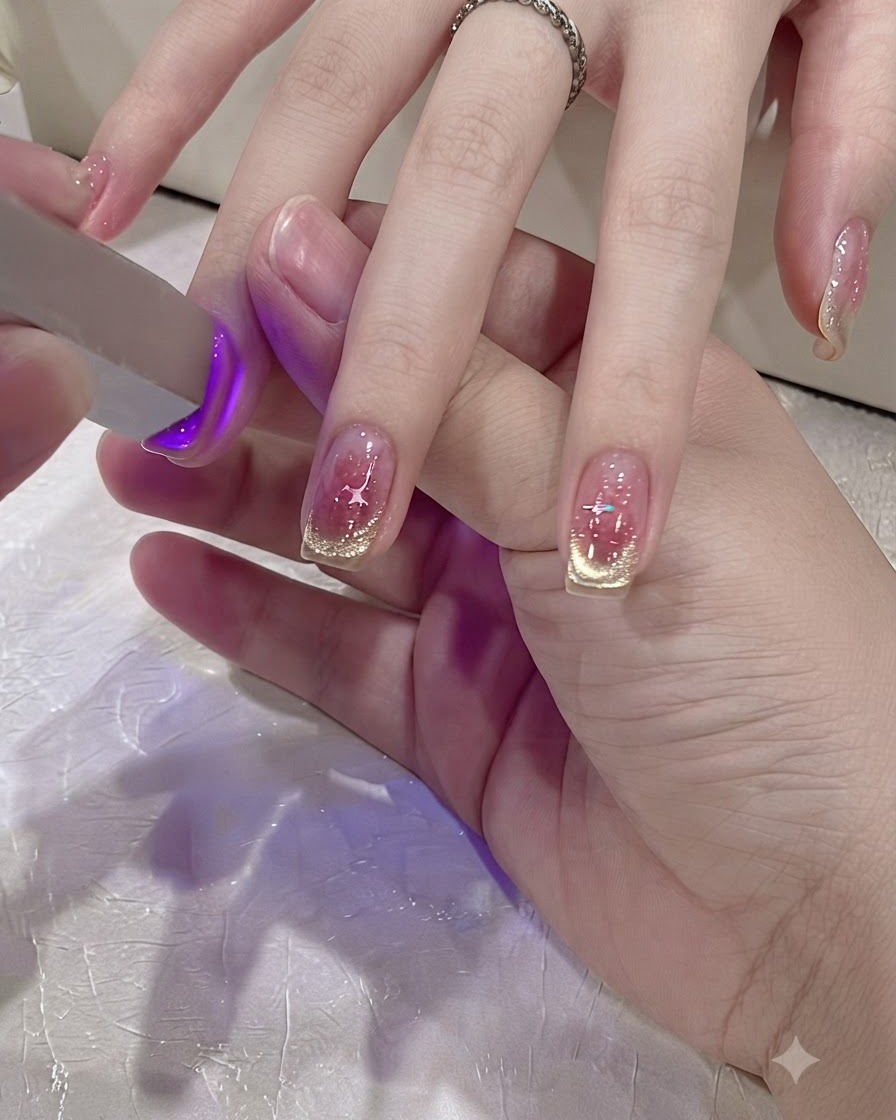 Una mini lampada UV LED polimerizza il top coat sulle dita con la manicure.