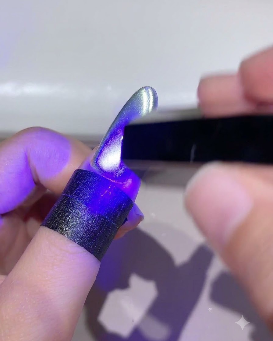 Ununghia sotto una lampada UV LED che polimerizza il design cat-eye modellato.