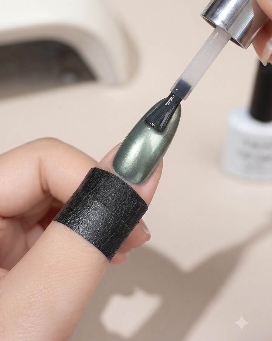 Un pennello che applica il top coat per lucidatura Style Valley su ununghia cat-eye verde.