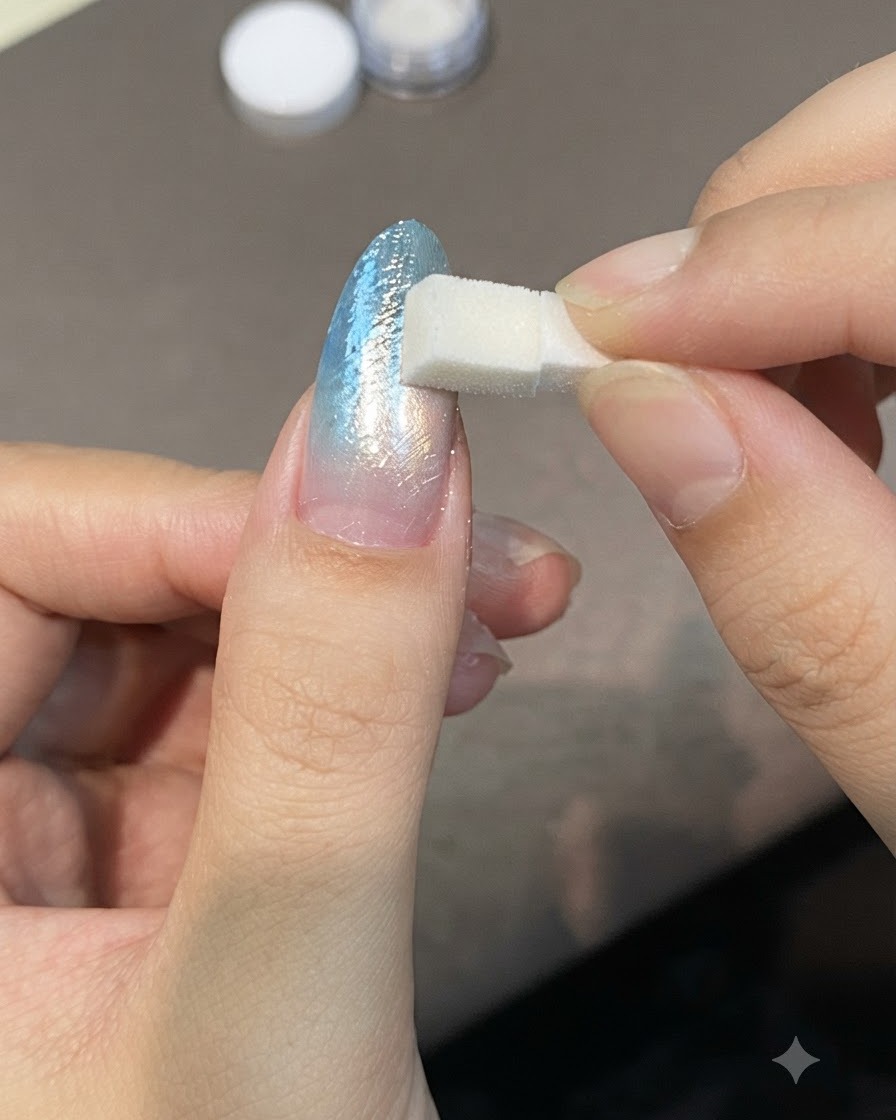 Un piccolo applicatore a spugna tampona della polvere perlata brillante su una superficie ungueale smaltata.
