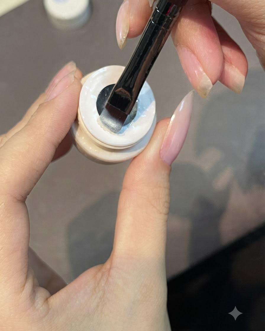 Un pennello piatto applica un sottile strato di gel cat-eye traslucido sullunghia.