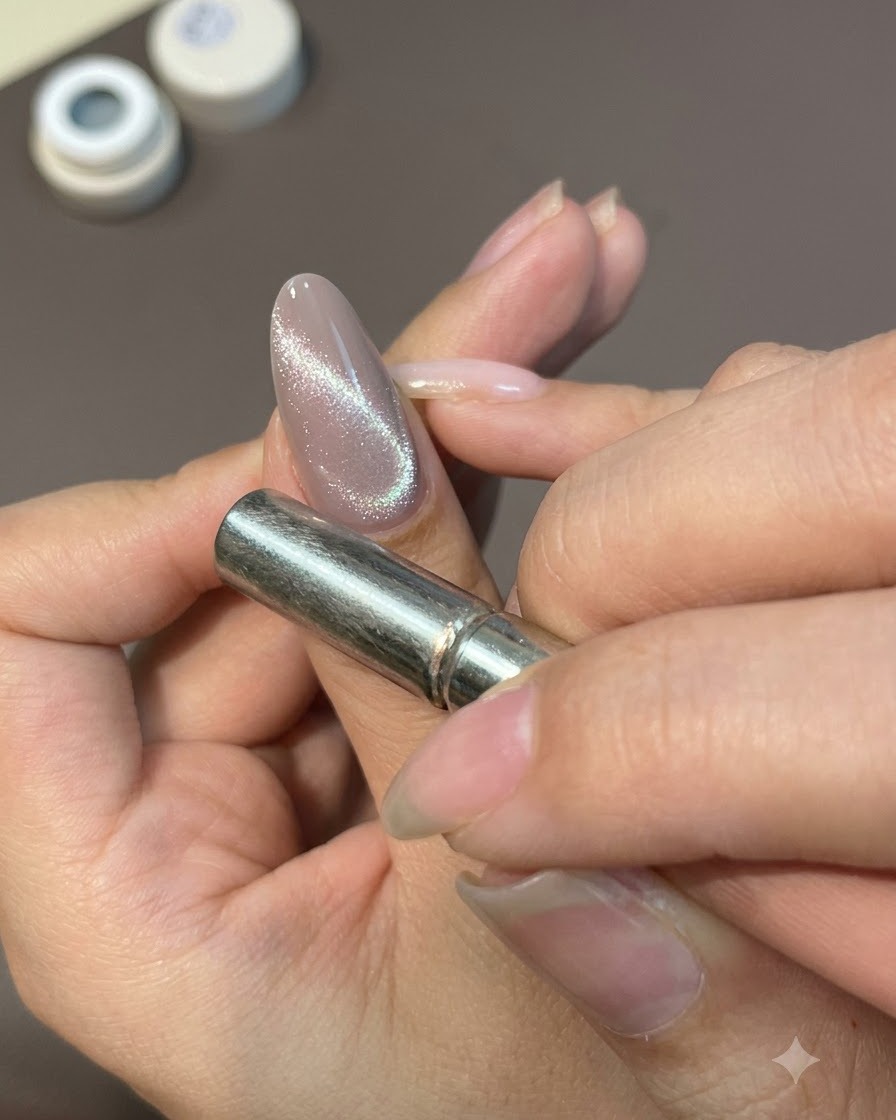 Un forte magnete tenuto vicino a ununghia in gel cat-eye marrone grigiastro lucido, che attira la lucentezza magnetica in una linea luminosa centrata.