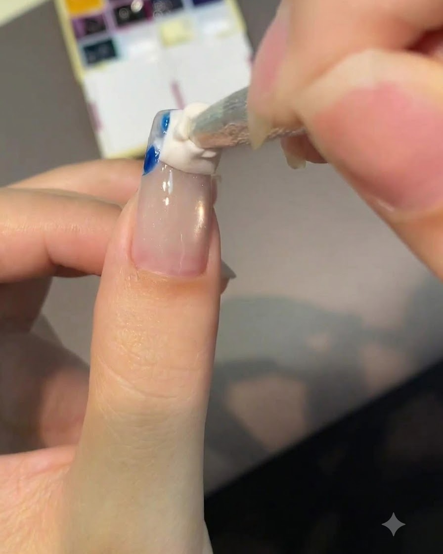 Un applicatore a spugna tampona delicatamente pigmento bianco e blu sulla punta di ununghia a mandorla.