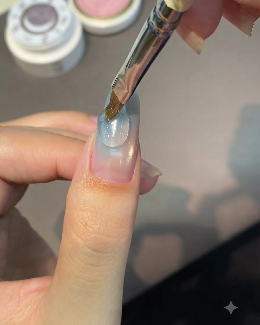 Un pennello per unghie applica una goccia trasparente di gel strutturante da scultura sulla superficie di ununghia con manicure.