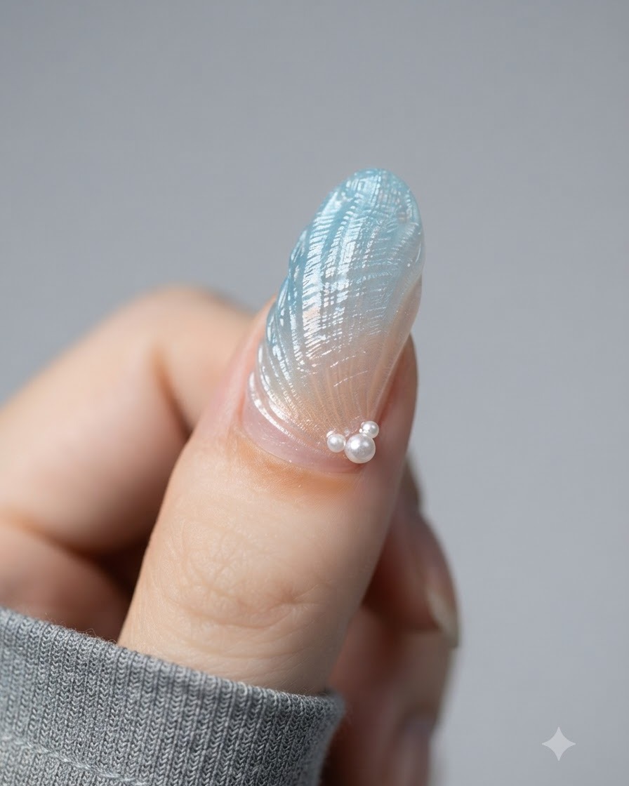 Un pennello applica un top coat sigillante su ununghia texturizzata con finitura cromata e accenti di perle.