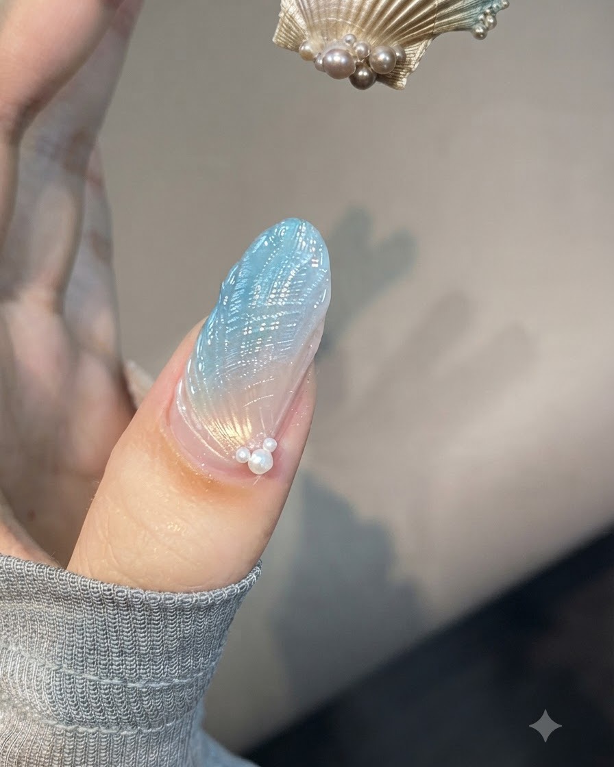 Un pennello liner fine con gel in bottiglia tenuto vicino a ununghia texturizzata per definire linee dettagliate della conchiglia.
