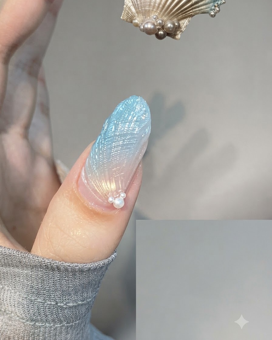 Un primo piano di ununghia rifinita con texture a conchiglia blu e piccole decorazioni di perle posizionate ordinatamente vicino allarea delle cuticole.
