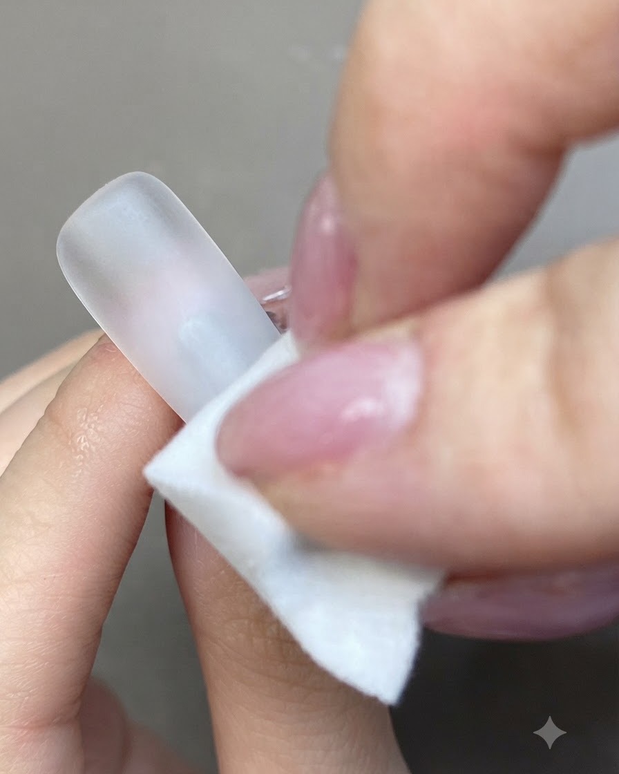 Un batuffolo di cotone con gel bianco tamponato delicatamente sulla punta di una superficie di unghia artificiale bianca opaca.