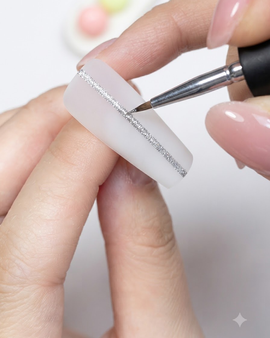 Un pennello sottile per nail art che disegna una linea in glitter argento su ununghia artificiale bianca opaca.