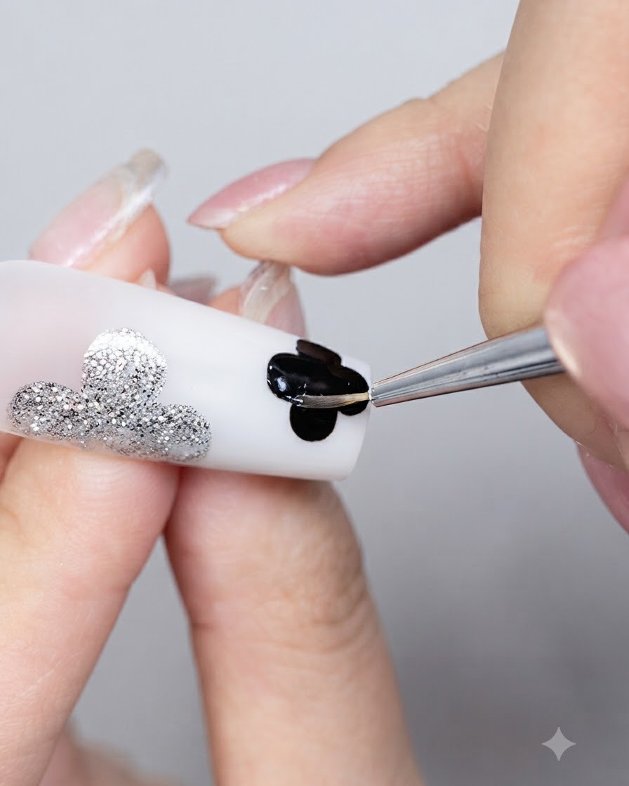 Un pennello per dettagli sottili che applica il gel adesivo per strass lungo il bordo di un design a trifoglio nero a quattro foglie su ununghia.