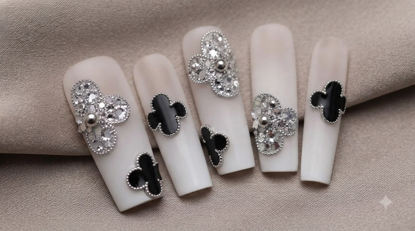 Unghie Gel Lusso con Motivo Van Cleef, Strass e Glitter — Tutorial Passo dopo Passo