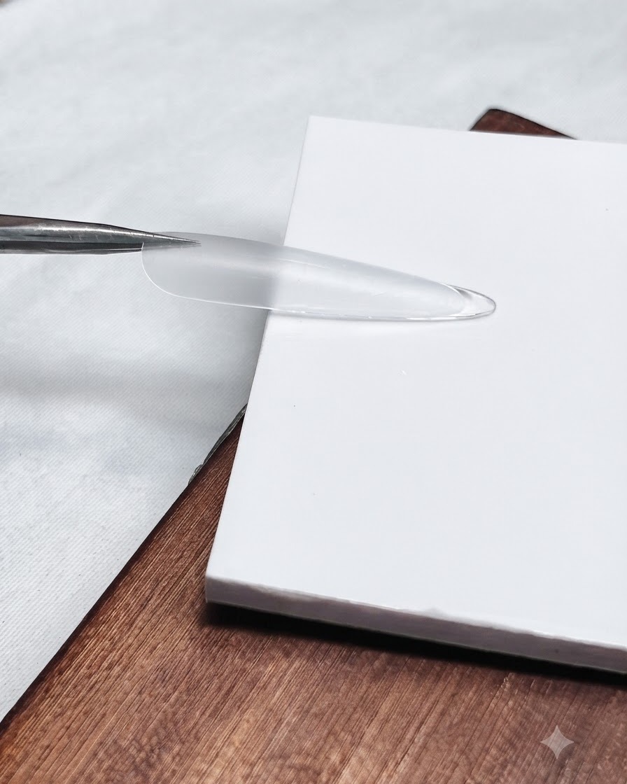 Una tip per unghie a stiletto trasparente posizionata a faccia in giù su un cartoncino bianco usando delle pinzette.