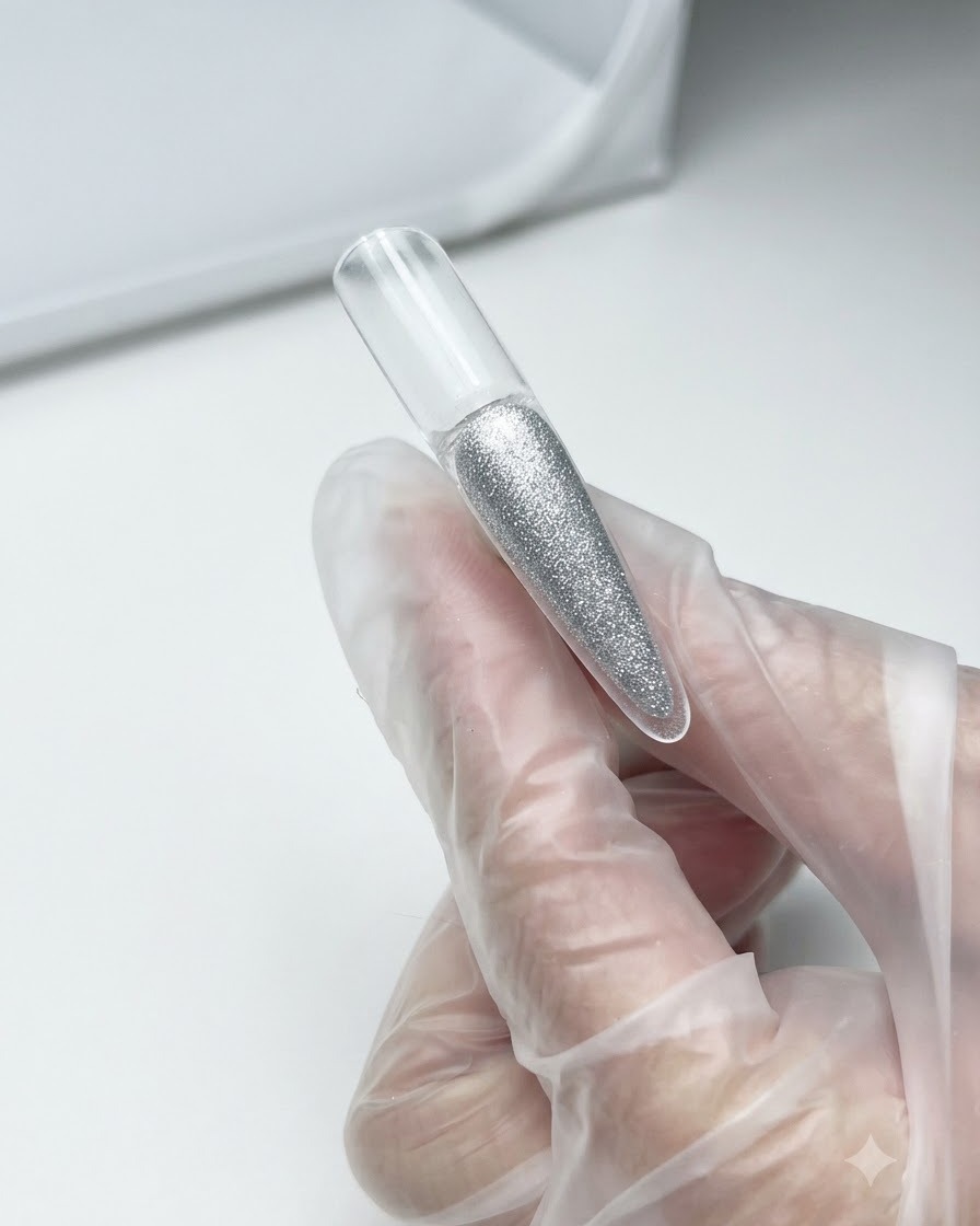 Un pennello per gel che applica uno strato di gel cat-eye rosa nude sulla metà superiore di una tip trasparente.