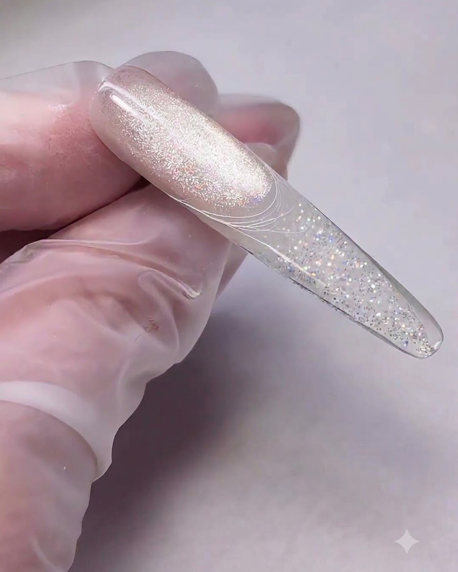 Un pennello liner sottile che allunga lo spider gel bianco attraverso una punta di unghia per creare linee sottili e intersecanti.