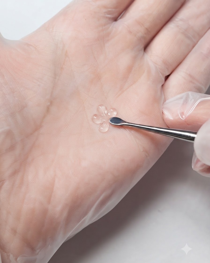 Uno spingicuticole in metallo che preleva una piccola goccia di gel solido bianco per intaglio 3D.