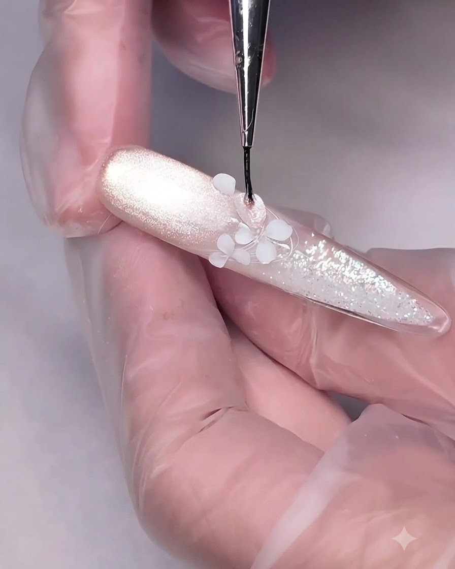 Una vista ravvicinata di un magnete cilindrico tenuto appena sopra un design dettagliato di nail art floreale per attrarre il riflesso magnetico cat-eye.