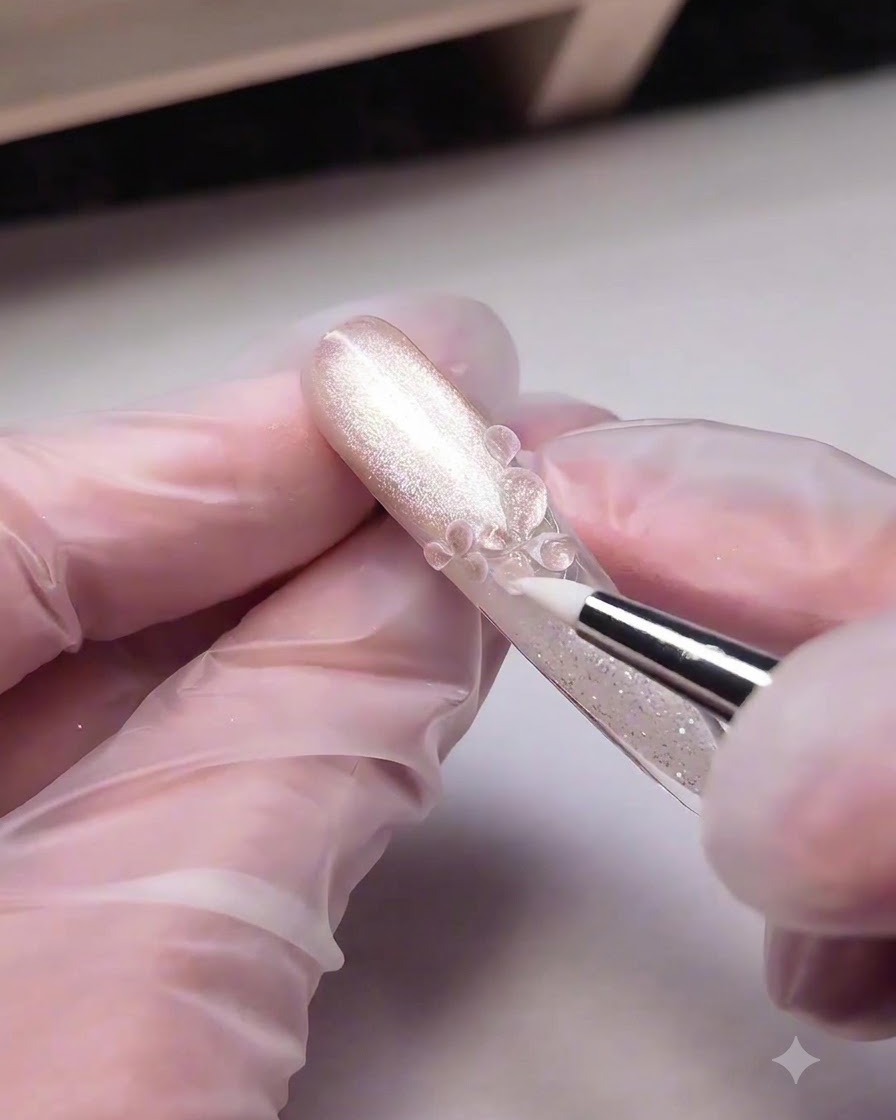 Un pennello da dettaglio che applica un gel modellante denso e trasparente sui petalli scolpiti in 3D per creare un look lucido da fiore di ghiaccio.