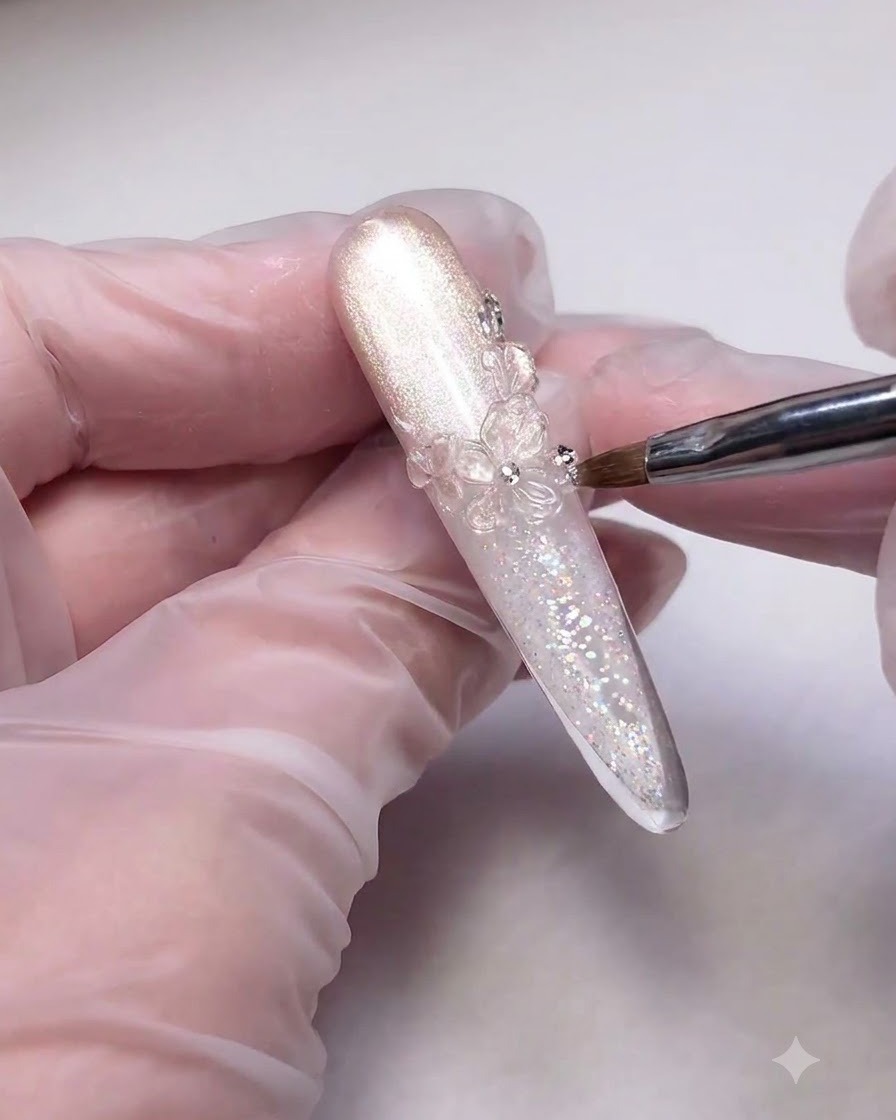 Uno strumento che posiziona minuscoli strass e perle argentate attorno a un design chiaro di fiore di ghiaccio 3D su una punta dunghia brillante.