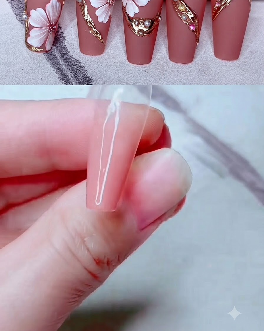 Primo piano di una onicotecnica che applica il colore gel rosa lattiginoso su unestensione per unghie trasparente.