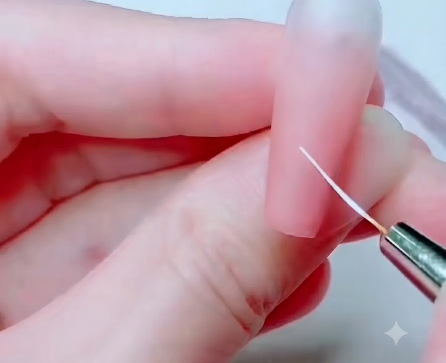 Un pennello di precisione fine che disegna linee guida sottili per i petali bianchi su ununghia rosa.