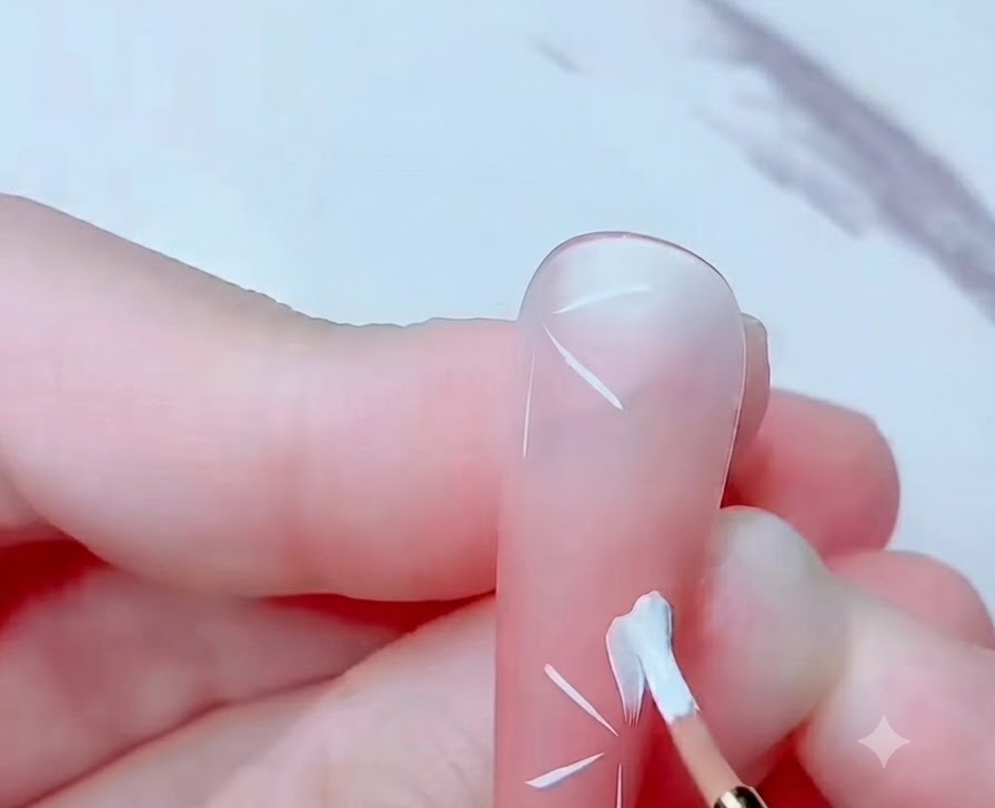 Un pennello per nail art che riempie i petali bianchi dei fiori di ciliegio su una base rosa.
