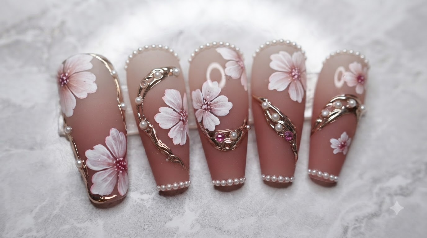 Fiori di ciliegio unghie con dettagli oro e perle - Tutorial passo dopo passo