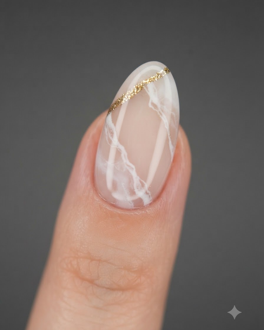 Un pennello che applica uno strato spesso di top coat trasparente e lucido sopra un design finito di nail art floreale.