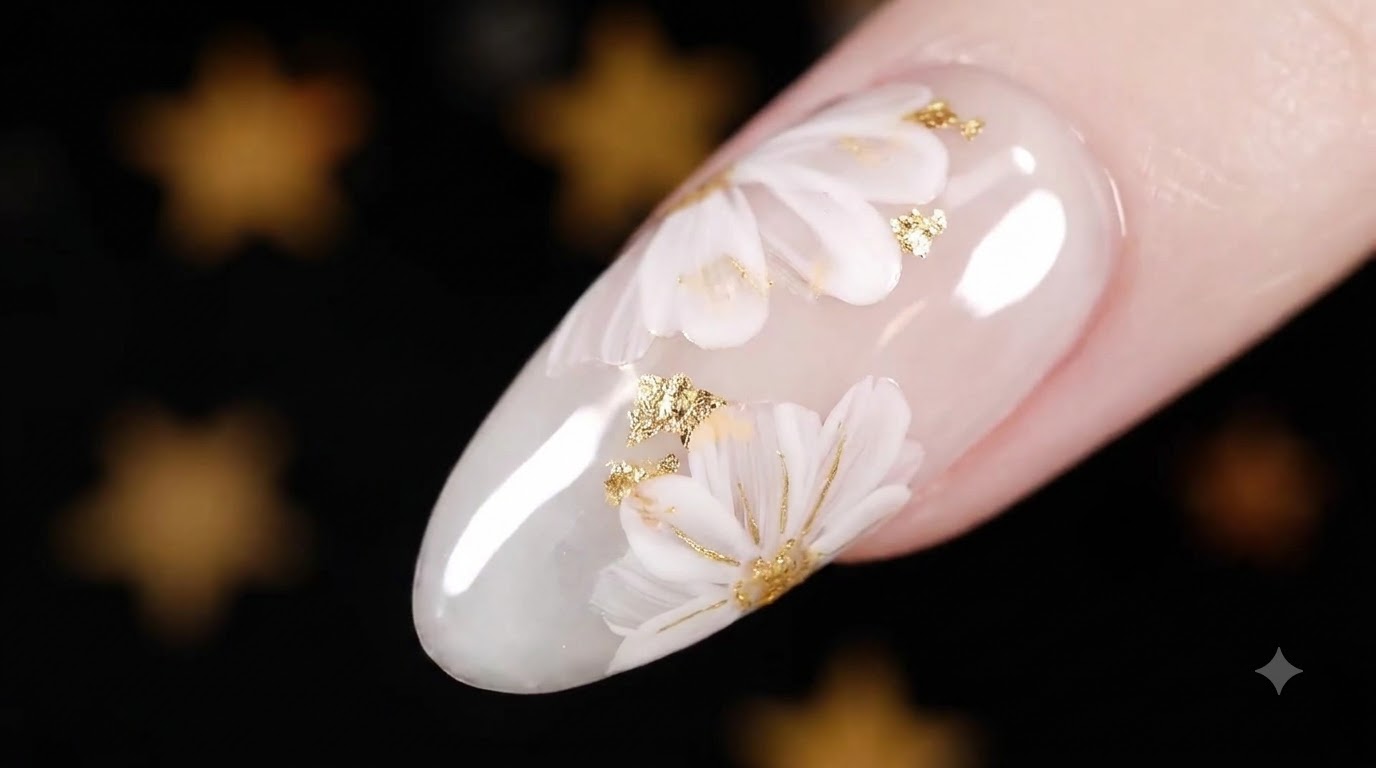 Unghie in Gel con Fiori Bianchi Stratificati e Foglia Oro — Tutorial Elegante Passo dopo Passo