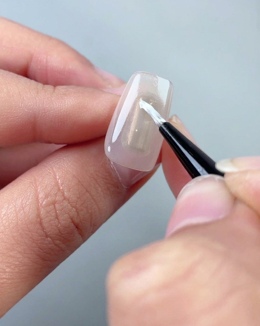 Un primo piano di un pennello sottile che applica gel bianco per formare un petalo su ununghia trasparente.