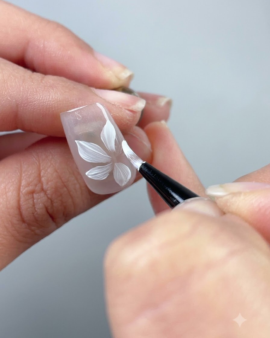 Un primo piano di un fiore bianco a cinque petali quasi finito dipinto su ununghia trasparente.