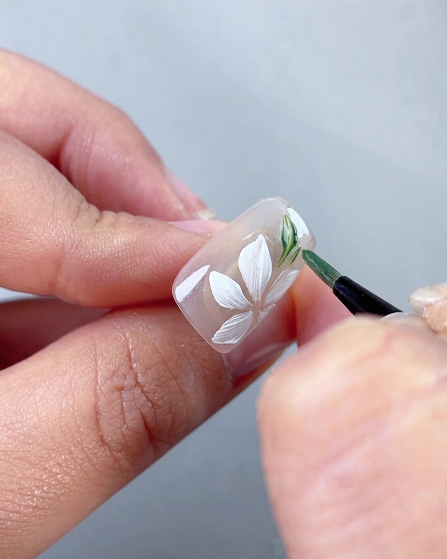 Una vista ravvicinata della mano di una nail artist che usa un pennello sottile per dipingere delicate foglie verdi accanto ai petali di un fiore bianco su ununghia press-on.