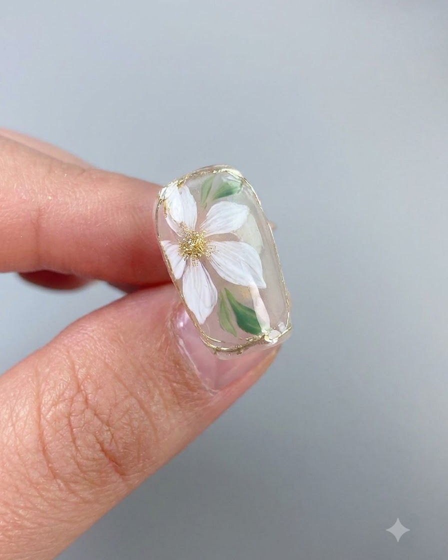 Un pennello che applica un top coat lucido finale su un design di nail art floreale finito con un fiore bianco e finiture dorate.