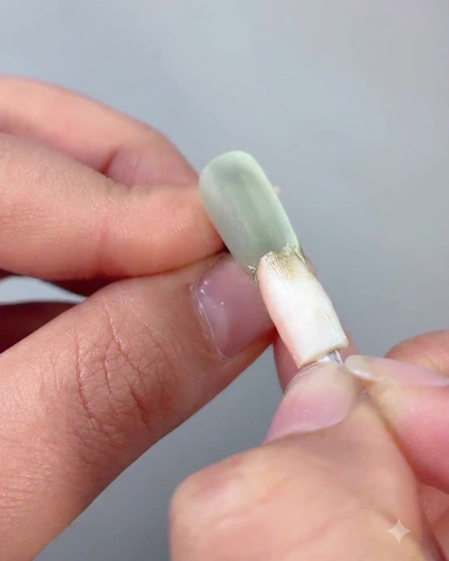 Uno strumento applicatore che strofina la polvere cromata oro chiaro sul contorno del perimetro rialzato di ununghia in gel cat eye.
