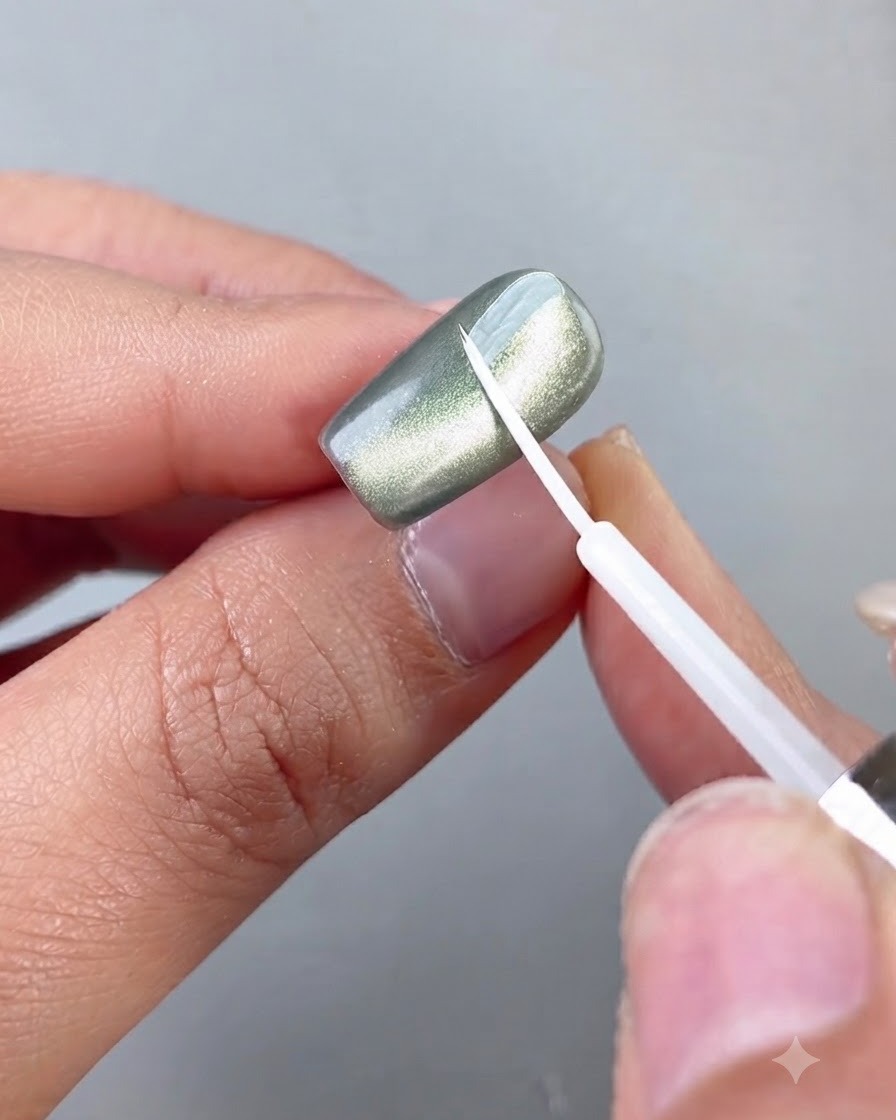 Un pennello per dettagli fini che applica il liquido blooming bianco con una pennellata diagonale su ununghia cat eye verde.