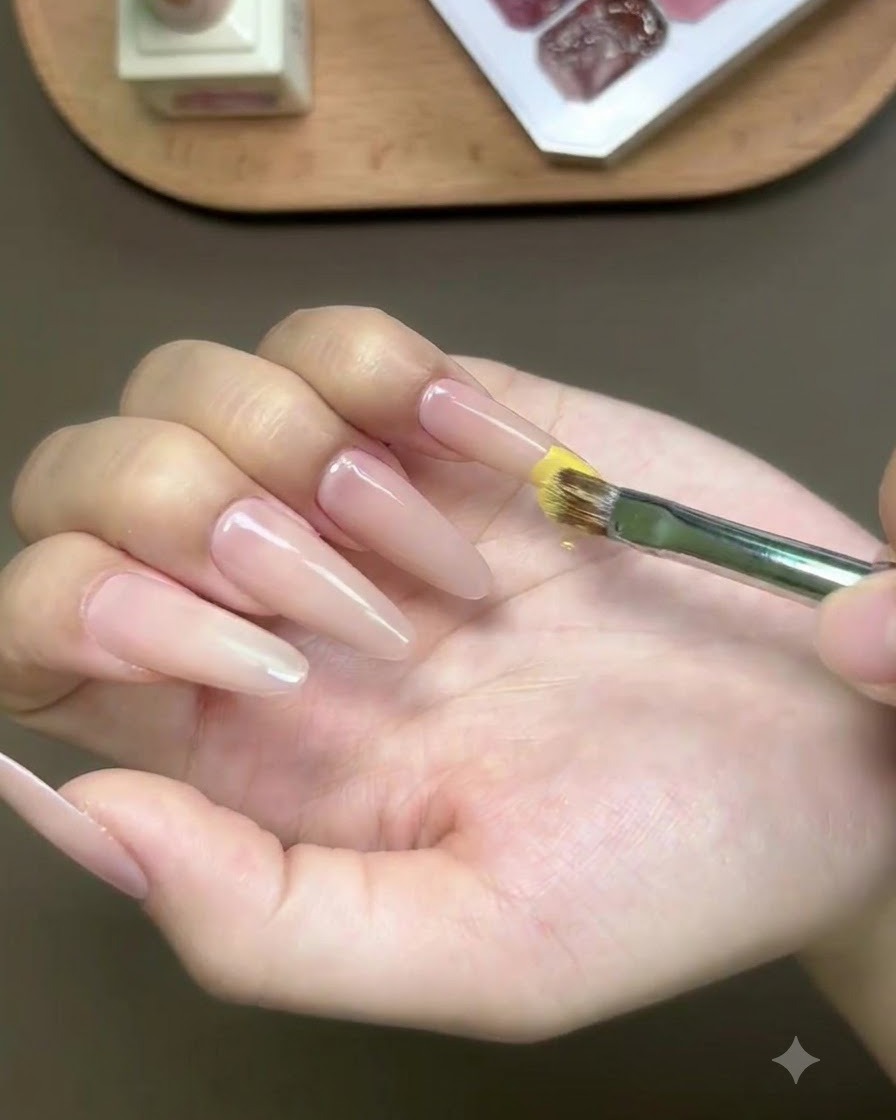 Un pennello che applica lo smalto gel giallo sulla punta di ununghia lunga a mandorla.
