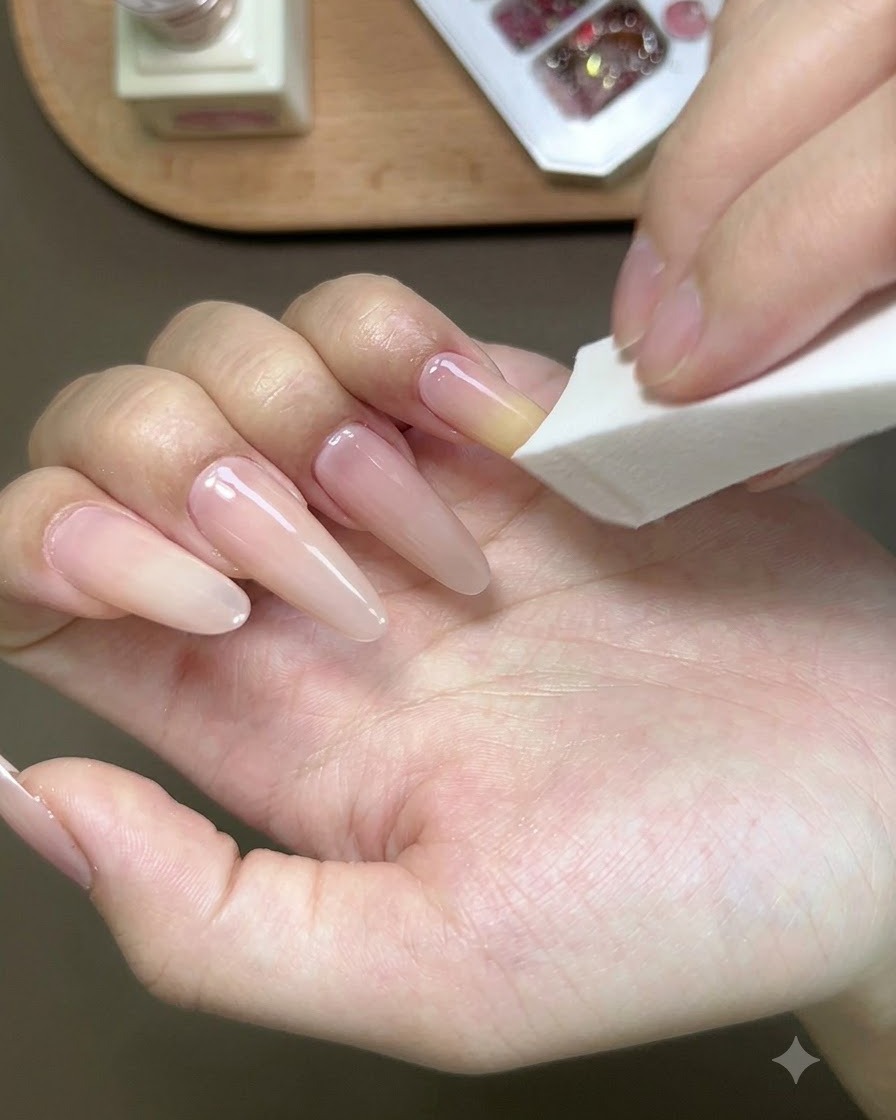 Una spugnetta bianca che tampona delicatamente la punta in gel giallo per creare una sfumatura ombré sullunghia.