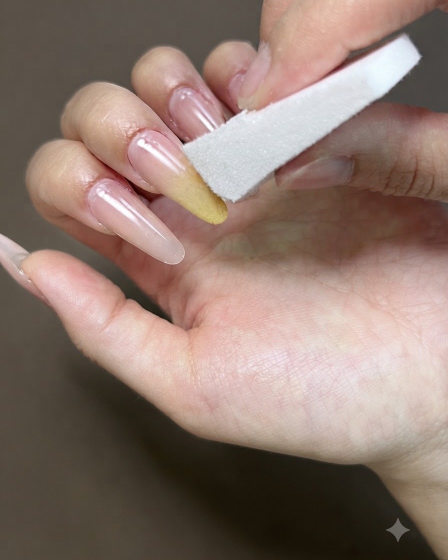 Una spugnetta utilizzata per sfumare il gel giallo su ununghia per un effetto ombré.