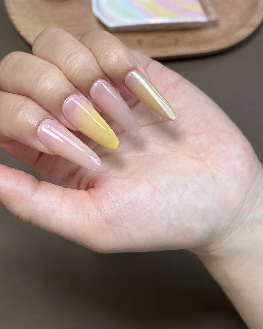 Uno strumento magnetico tenuto sopra ununghia curata per manipolare lo smalto gel cat-eye.