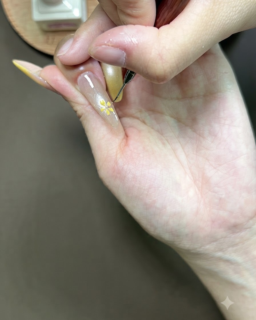 Una mano che riposa allinterno di una lampada UV per unghie per polimerizzare la nail art floreale appena dipinta.