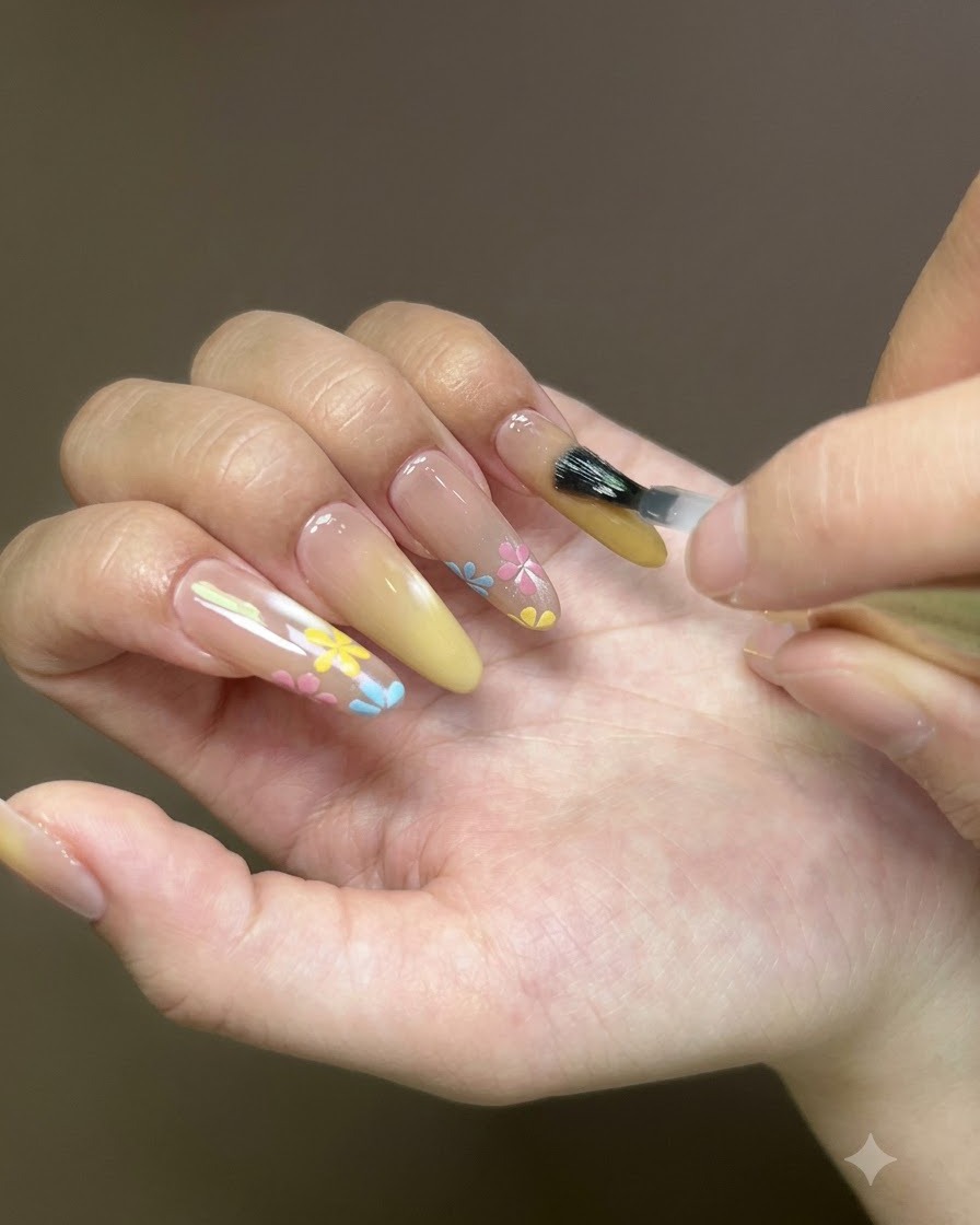 Un pennello per unghie che applica un top coat trasparente su ununghia dellanulare decorata.